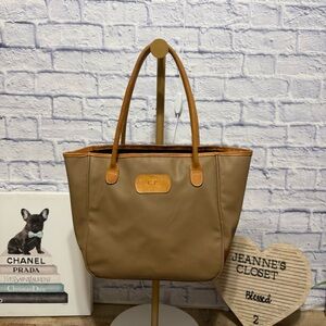 Jon Hart Medium Purse Tote Bag Tan Coated Canvas Natural Leather Trim **READ**